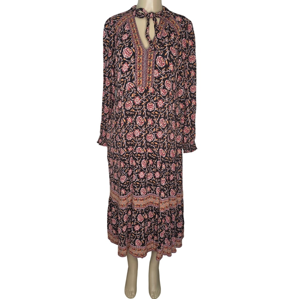 Knox Rose Dress Large Black Floral Boho Tiered Tie Neck Long Sleeve Midi Hippie